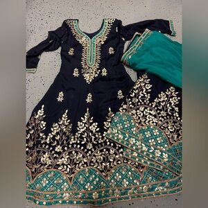 Elegant Blue and Teal Embroidered Sharara Dress
